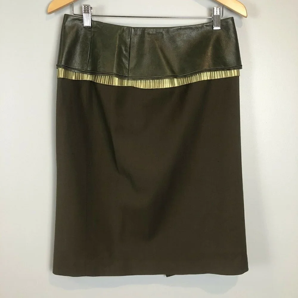 Elizabeth Steeve‎ Olive Leather Fabric Pencil Skirt